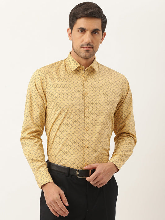 Mens Cotton Mustard & Navy Blue Printed Formal Shirt