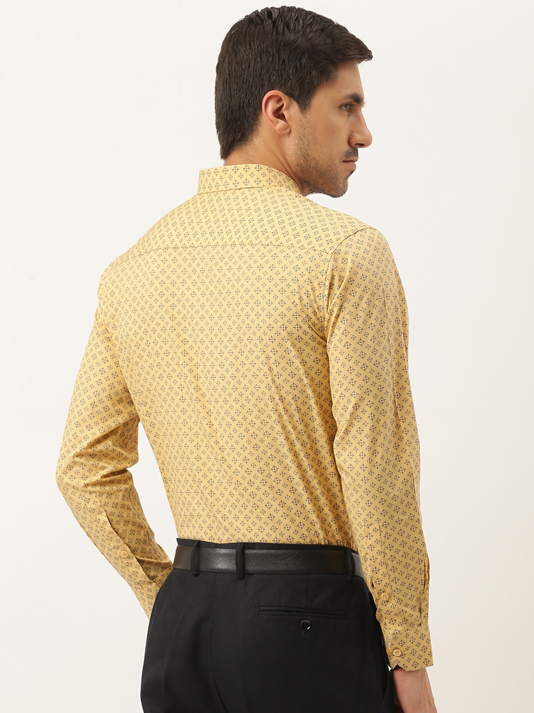 Mens Cotton Mustard & Navy Blue Printed Formal Shirt