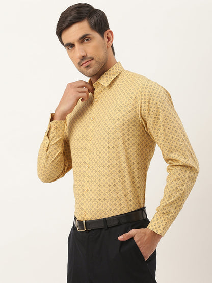 Mens Cotton Mustard & Navy Blue Printed Formal Shirt