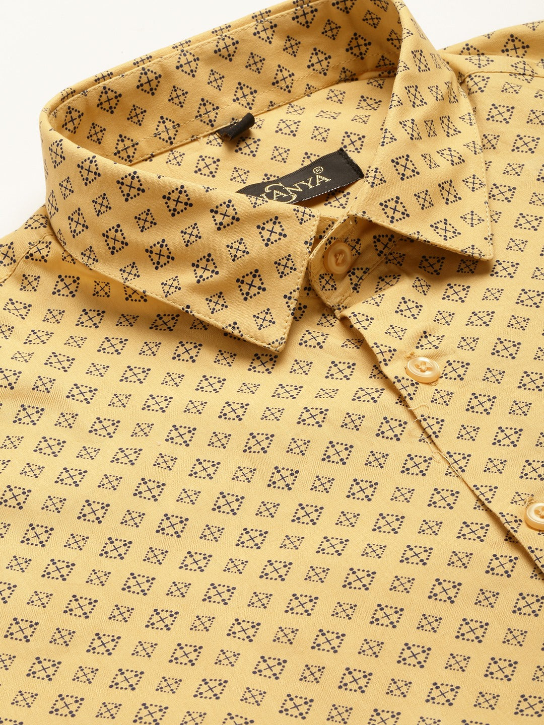 Mens Cotton Mustard & Navy Blue Printed Formal Shirt