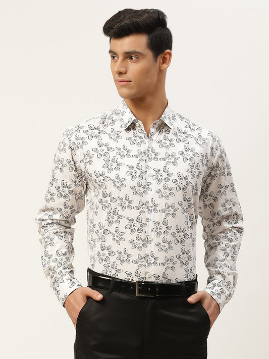 Mens Cotton White & Black Printed Formal Shirt