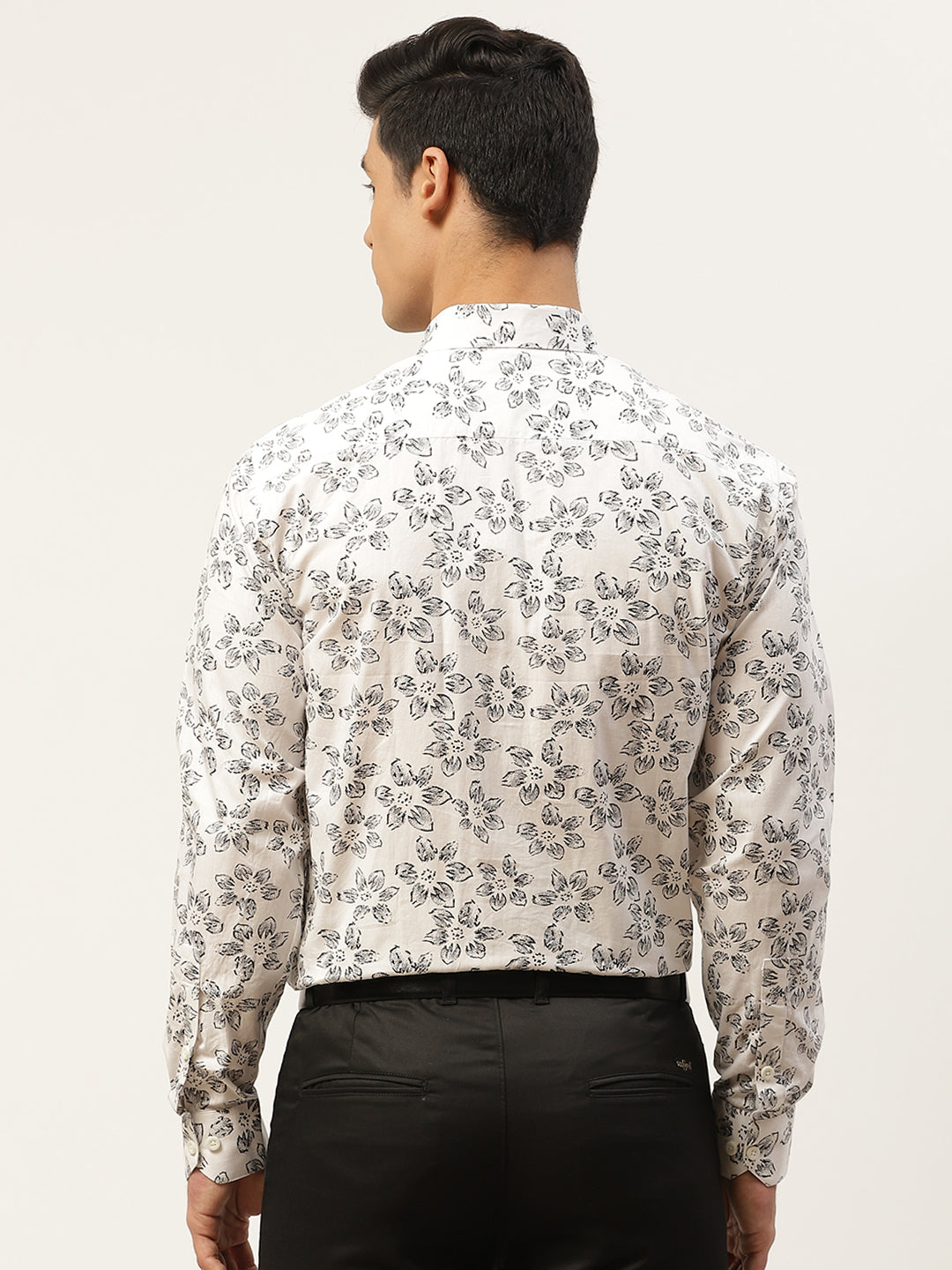 Mens Cotton White & Black Printed Formal Shirt