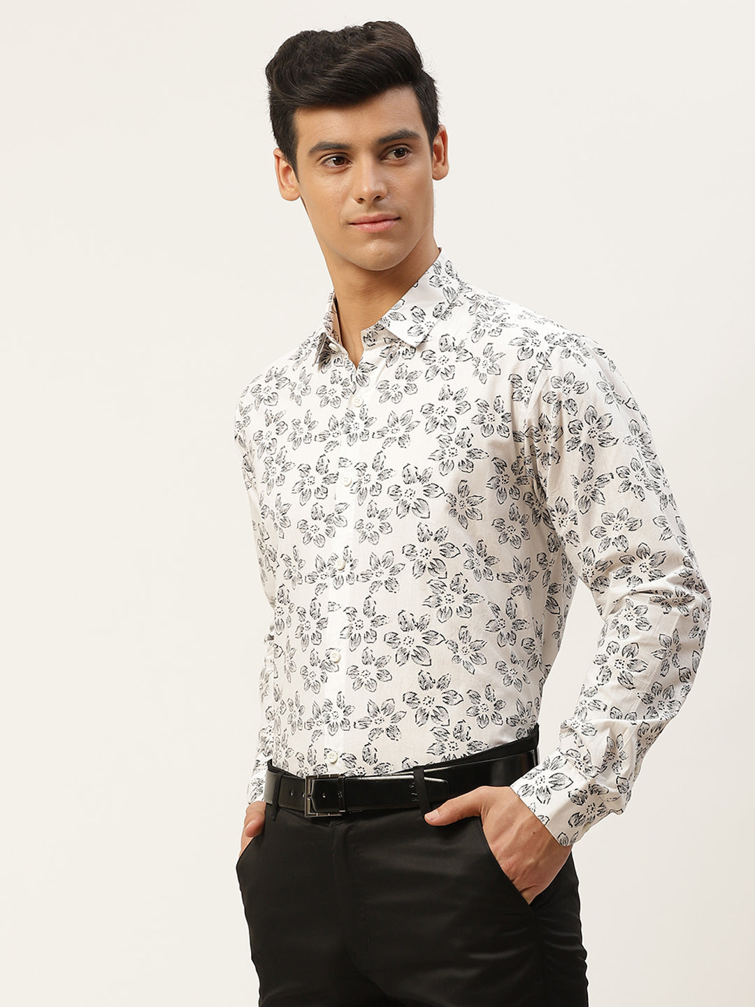 Mens Cotton White & Black Printed Formal Shirt