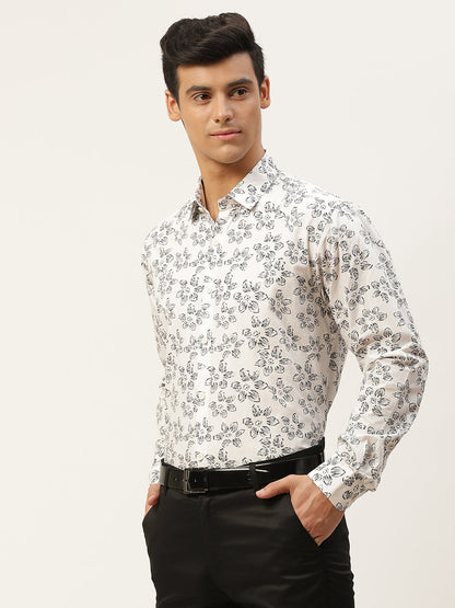 Mens Cotton White & Black Printed Formal Shirt