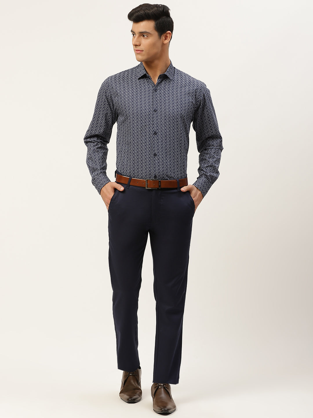 Mens Cotton Navy Blue & Light Blue Printed Formal Shirt