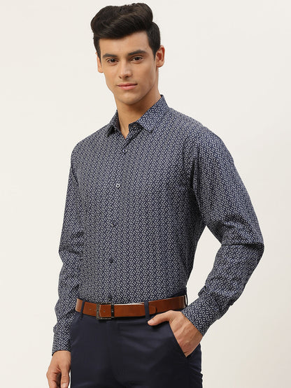 Mens Cotton Navy Blue & Light Blue Printed Formal Shirt