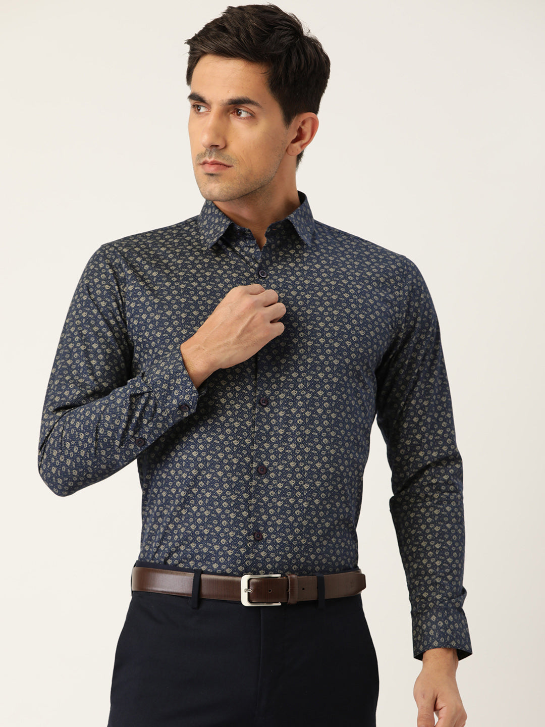 Mens Cotton Navy Blue & Gold Printed Formal Shirt