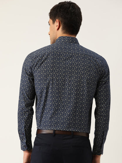 Mens Cotton Navy Blue & Gold Printed Formal Shirt