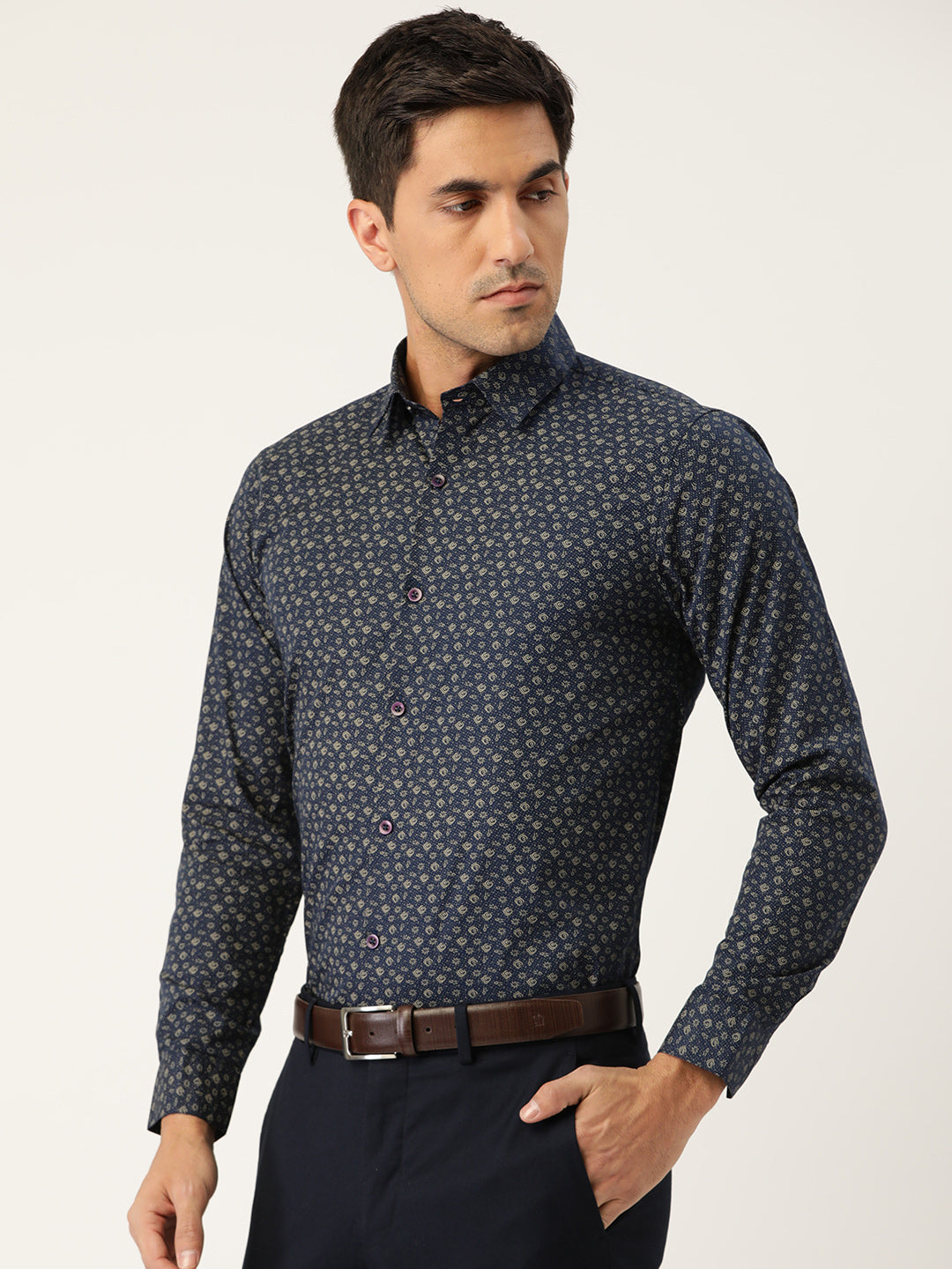 Mens Cotton Navy Blue & Gold Printed Formal Shirt