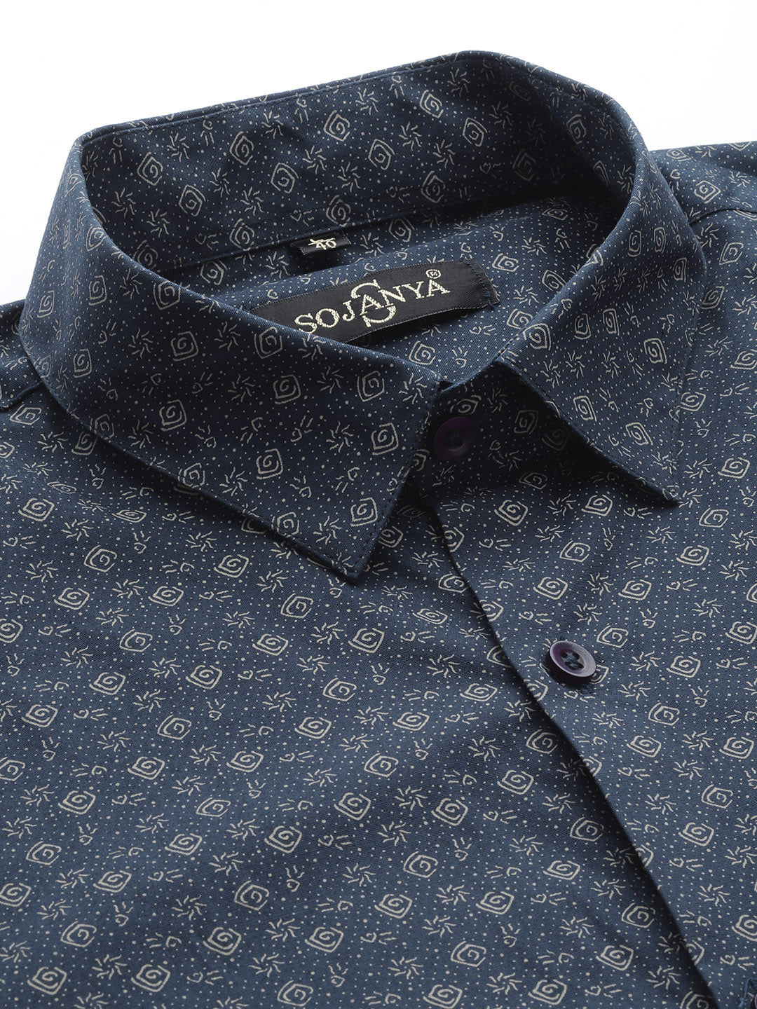 Mens Cotton Navy Blue & Gold Printed Formal Shirt