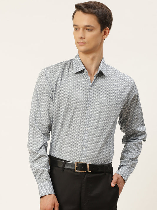 Mens Cotton Blue & Offwhite Printed Formal Shirt