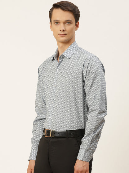 Mens Cotton Blue & Offwhite Printed Formal Shirt