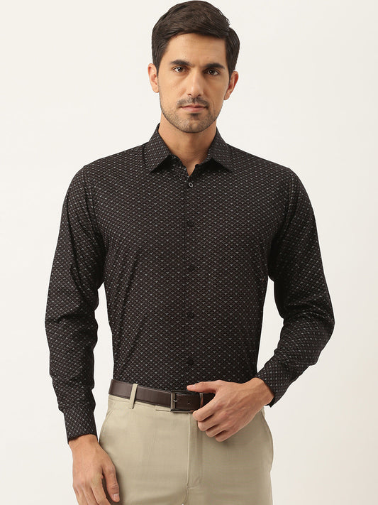 Mens Cotton Black & Multi Printed Formal Shirt