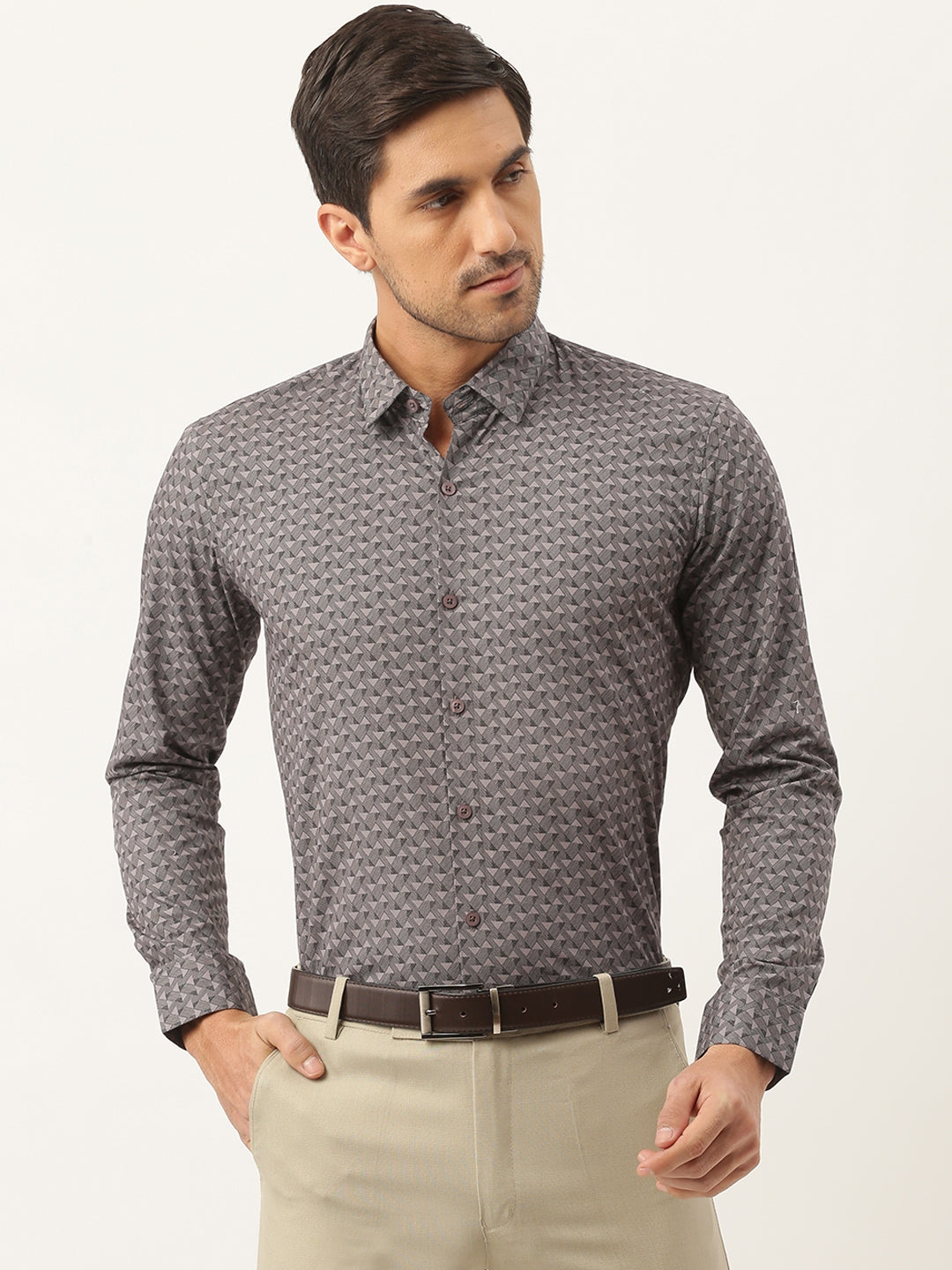 Mens Cotton Grey & Black Printed Formal Shirt