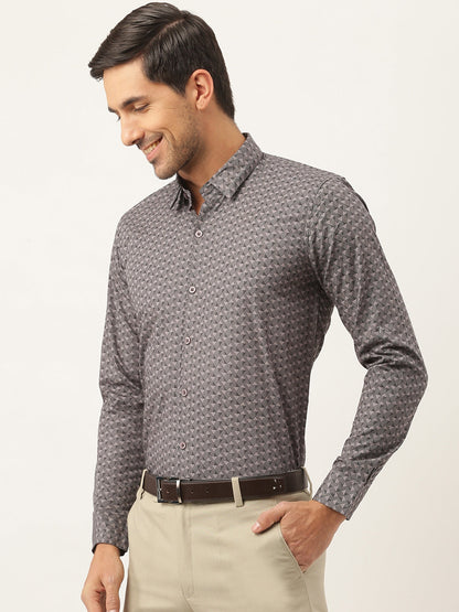 Mens Cotton Grey & Black Printed Formal Shirt