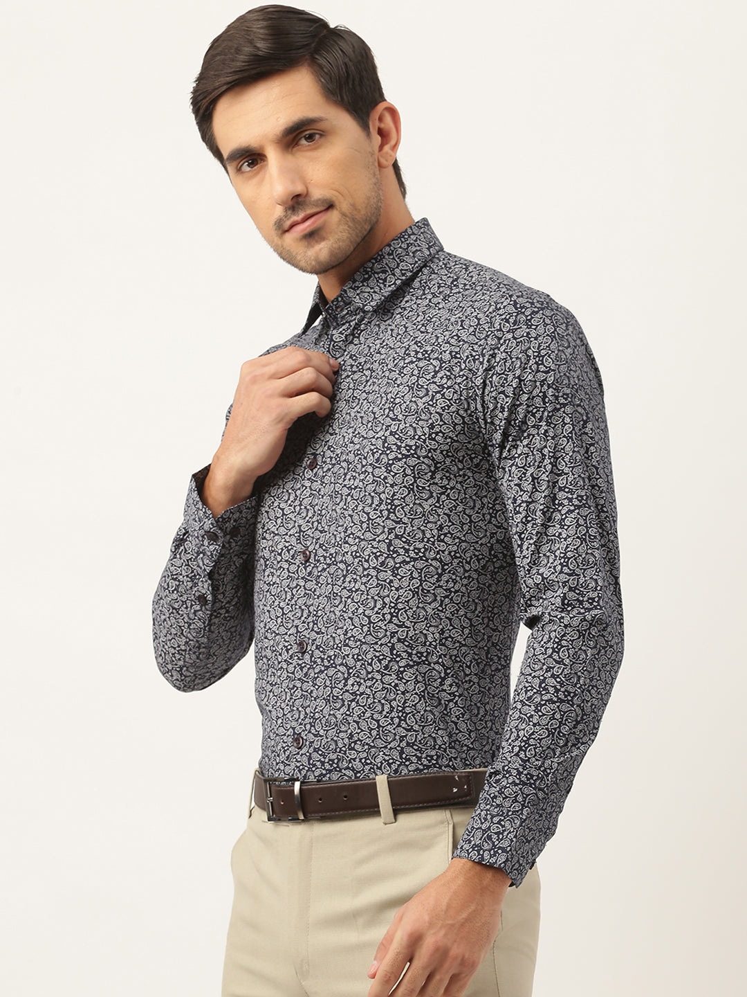 Mens Cotton Navy Blue & White Printed Formal Shirt