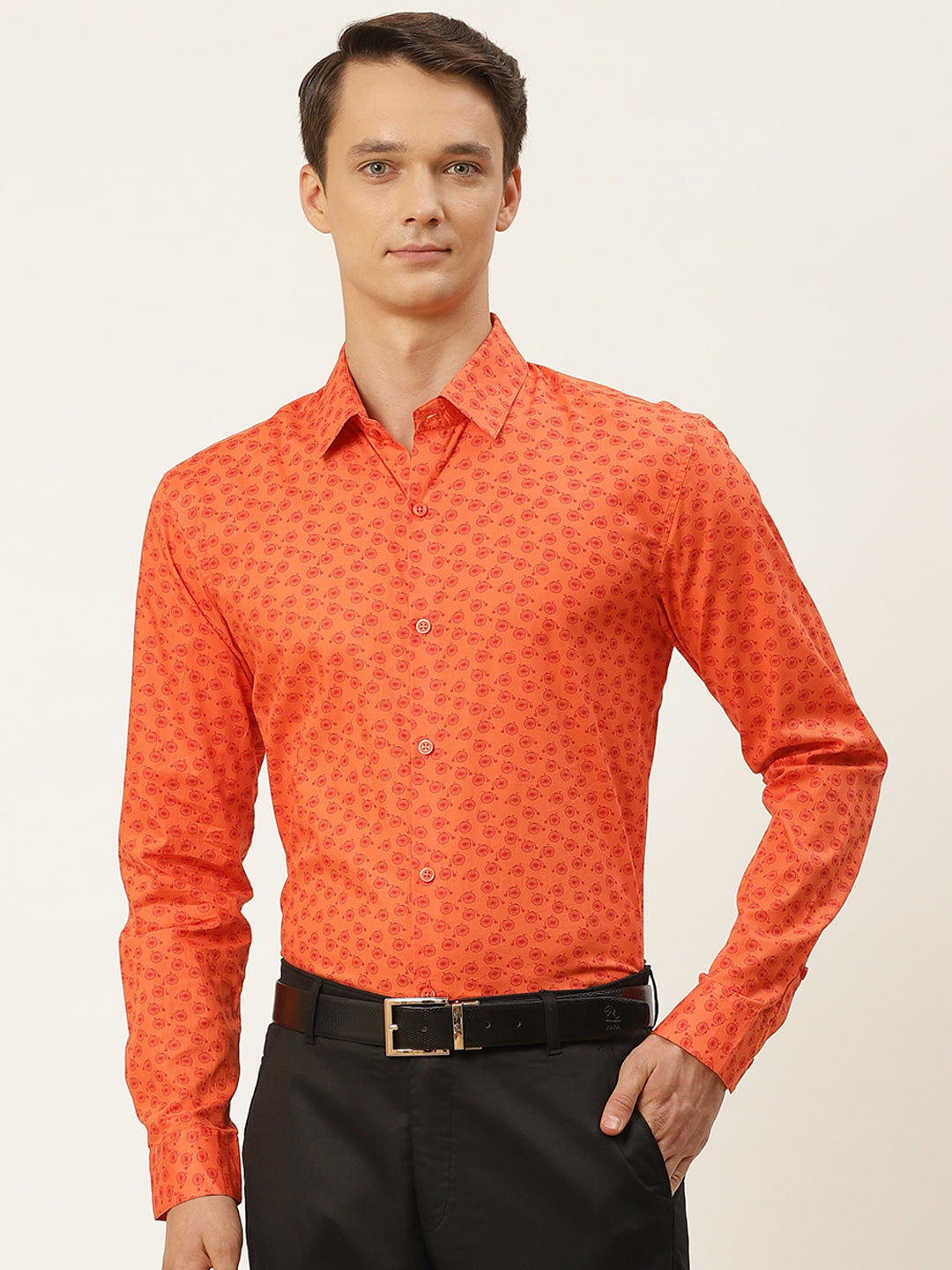 Mens Cotton Orange & Red Printed Formal Shirt