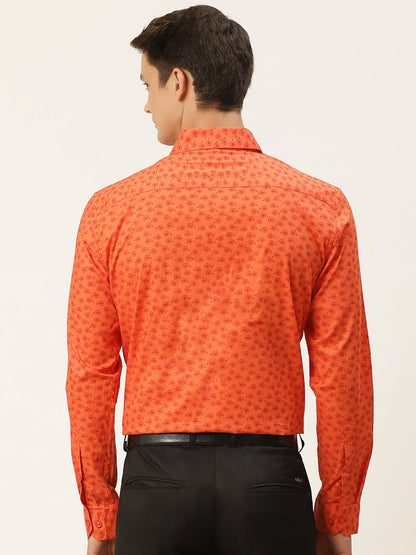 Mens Cotton Orange & Red Printed Formal Shirt