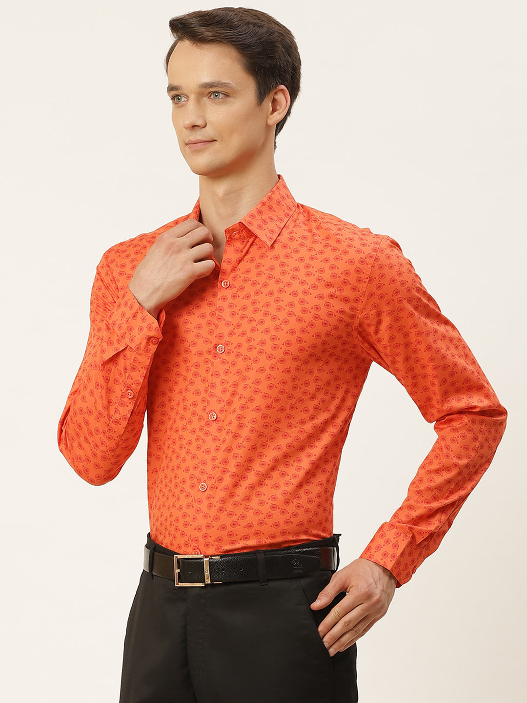 Mens Cotton Orange & Red Printed Formal Shirt