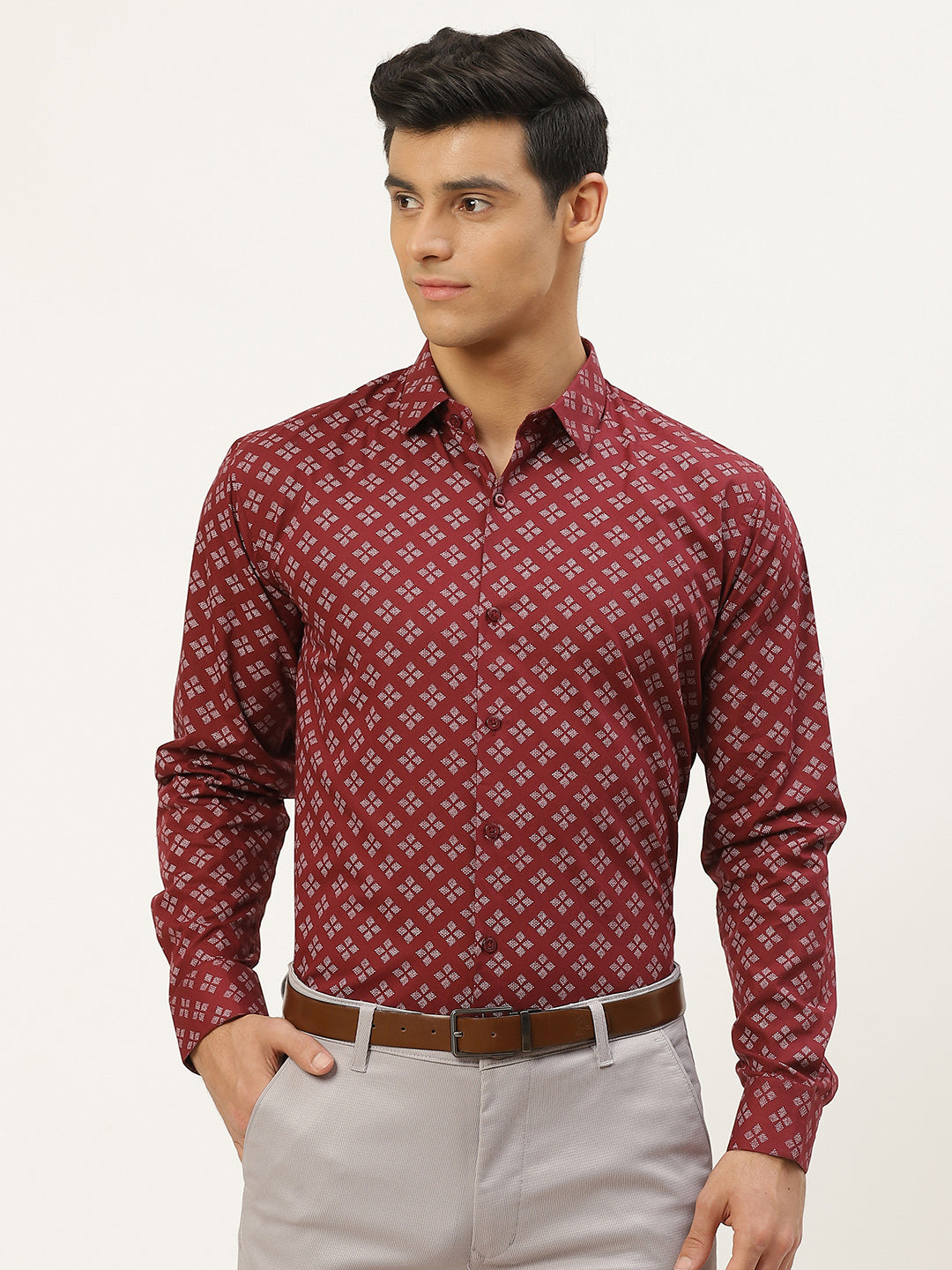 Mens Cotton Maroon & White Printed Formal Shirt