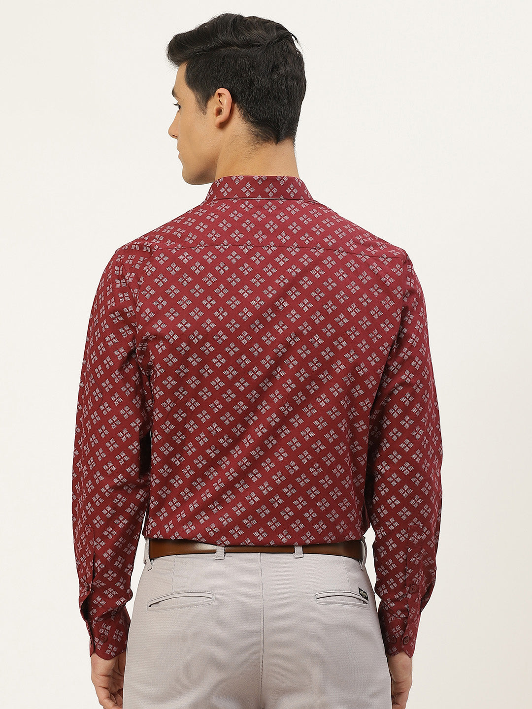 Mens Cotton Maroon & White Printed Formal Shirt