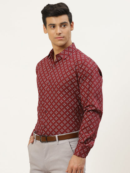 Mens Cotton Maroon & White Printed Formal Shirt