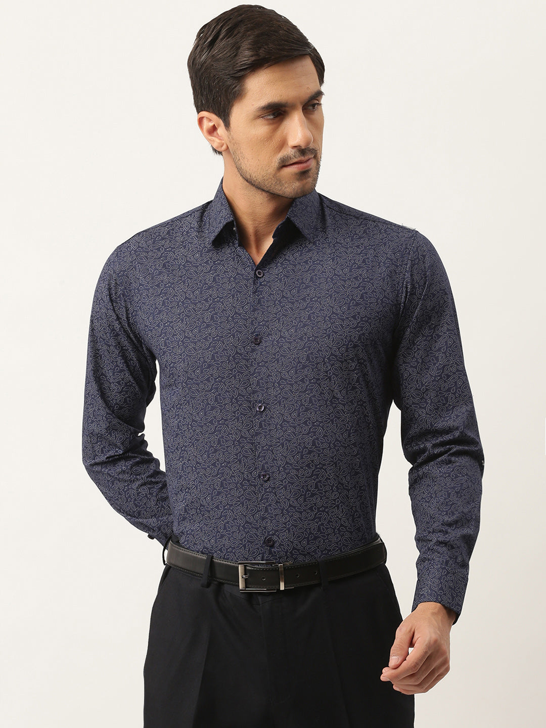 Mens Cotton Navy Blue & Silver Printed Formal Shirt