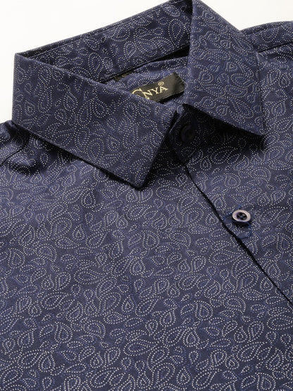 Mens Cotton Navy Blue & Silver Printed Formal Shirt