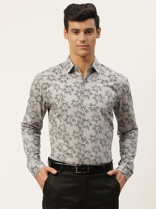 Mens Cotton Grey & Black Printed Formal Shirt