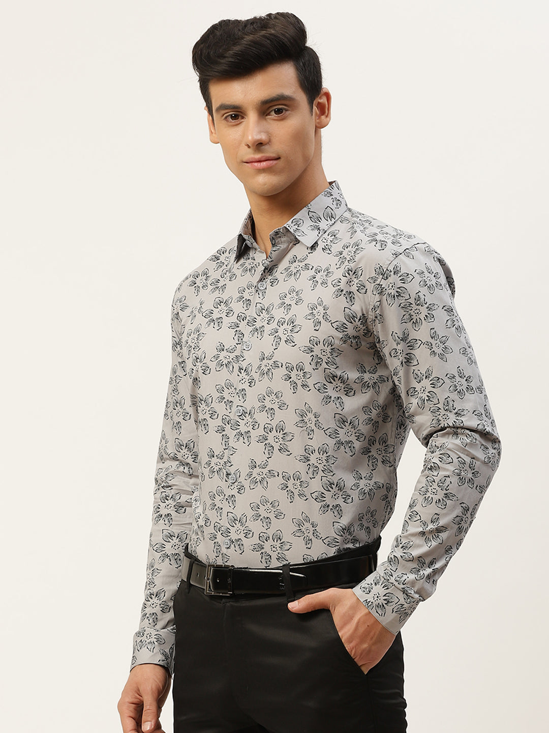 Mens Cotton Grey & Black Printed Formal Shirt