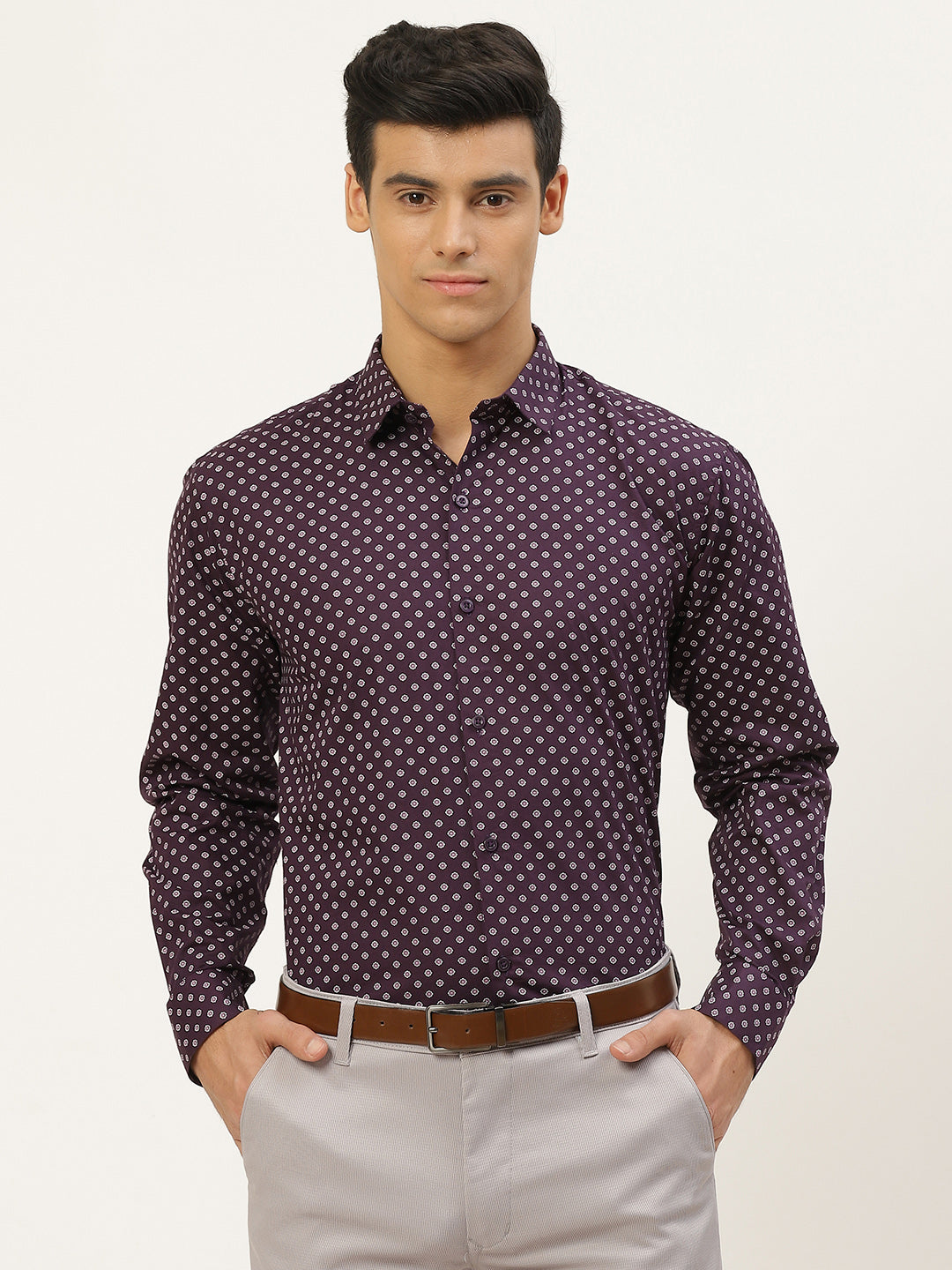 Mens Cotton Dark Purple & Offwhite Printed Formal Shirt