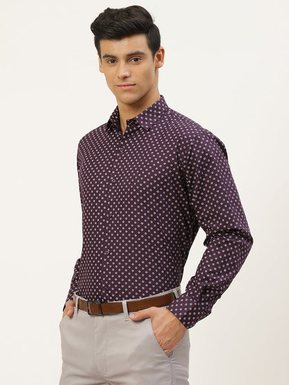 Mens Cotton Dark Purple & Offwhite Printed Formal Shirt