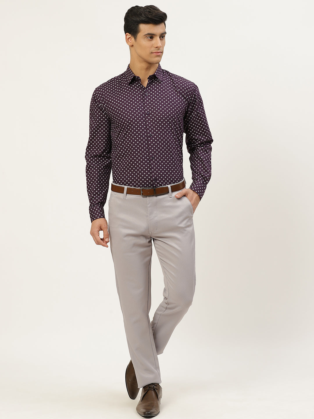 Mens Cotton Dark Purple & Offwhite Printed Formal Shirt