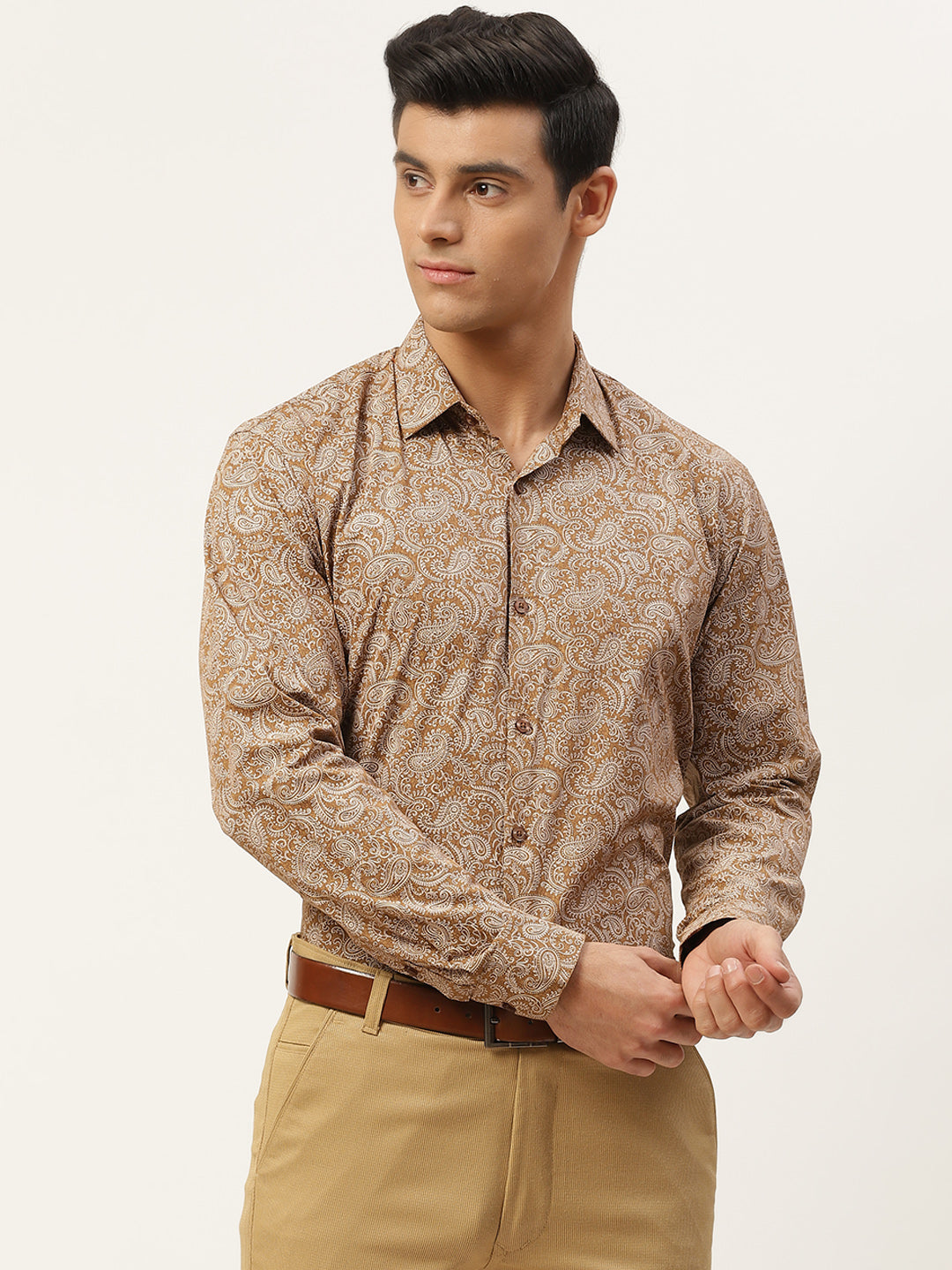 Mens Cotton Metallic Gold & White Printed Formal Shirt