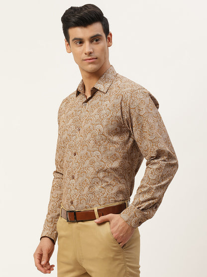 Mens Cotton Metallic Gold & White Printed Formal Shirt