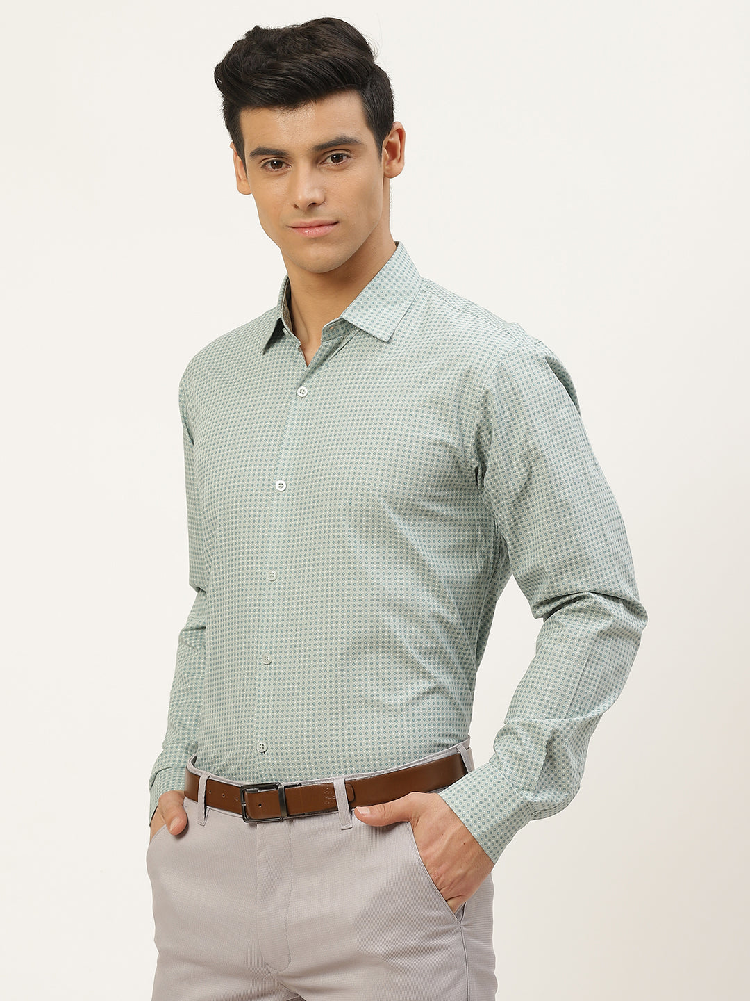 Mens Cotton Sea Green & Blue Printed Formal Shirt