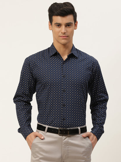 Mens Cotton Navy Blue & Multi Printed Formal Shirt