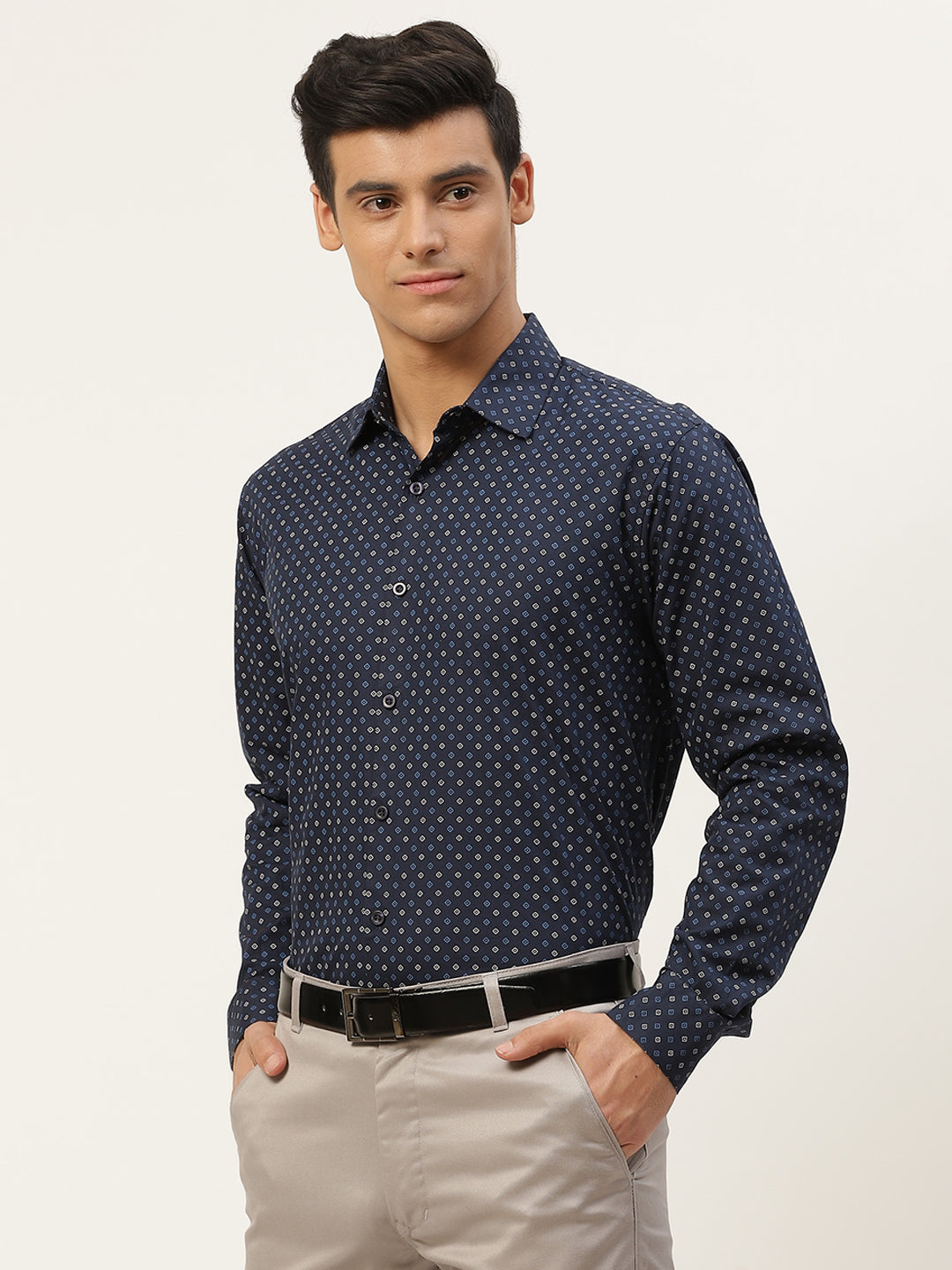 Mens Cotton Navy Blue & Multi Printed Formal Shirt