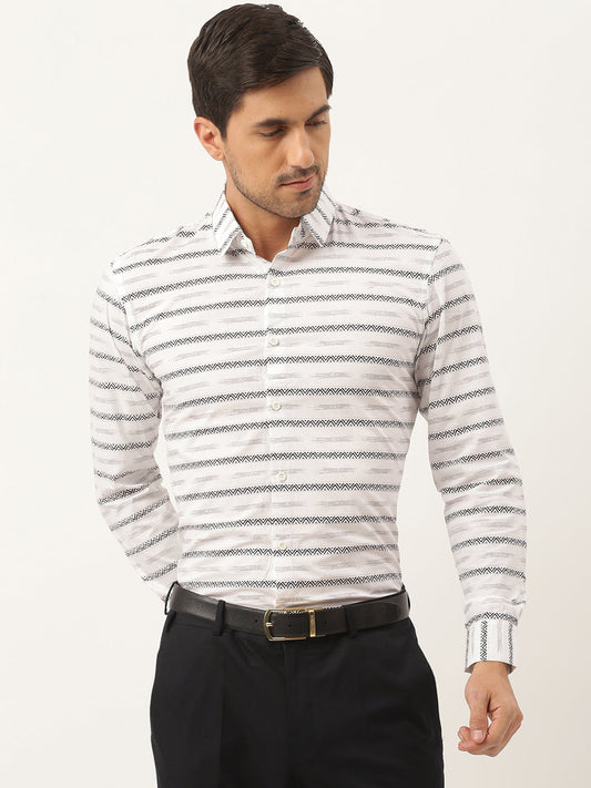 Mens Cotton White & Black Printed Formal Shirt