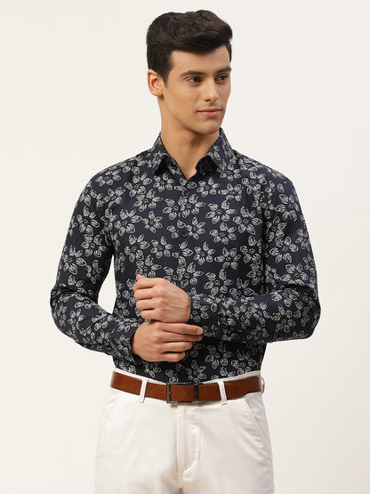 Mens Cotton Navy Blue & White Printed Formal Shirt