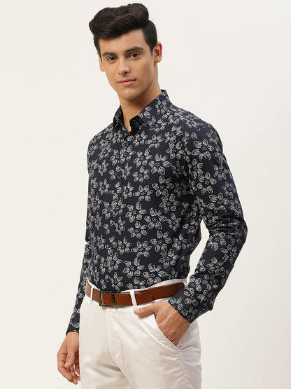 Mens Cotton Navy Blue & White Printed Formal Shirt