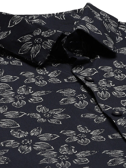 Mens Cotton Navy Blue & White Printed Formal Shirt