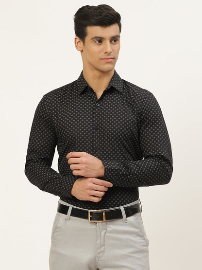 Mens Cotton Black & Grey Printed Formal Shirt