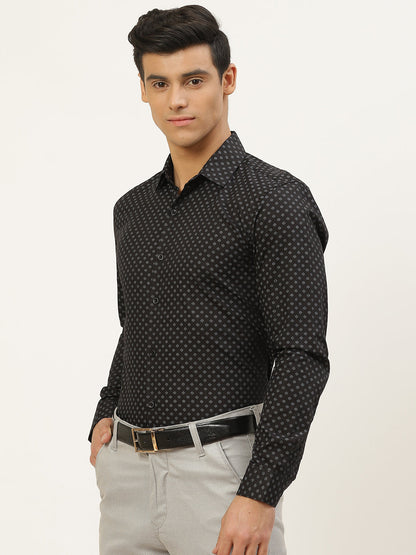 Mens Cotton Black & Grey Printed Formal Shirt