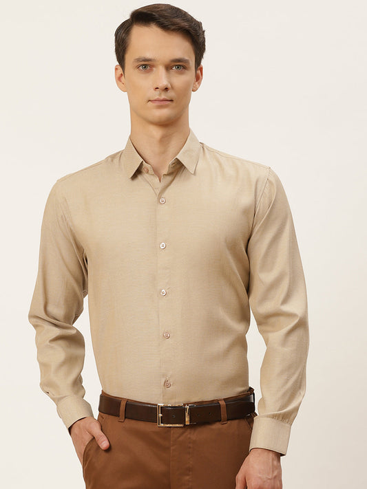 Men's Cotton Beige Self Design Classic Formal Shirt