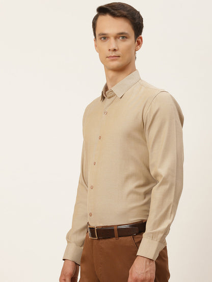 Men's Cotton Beige Self Design Classic Formal Shirt