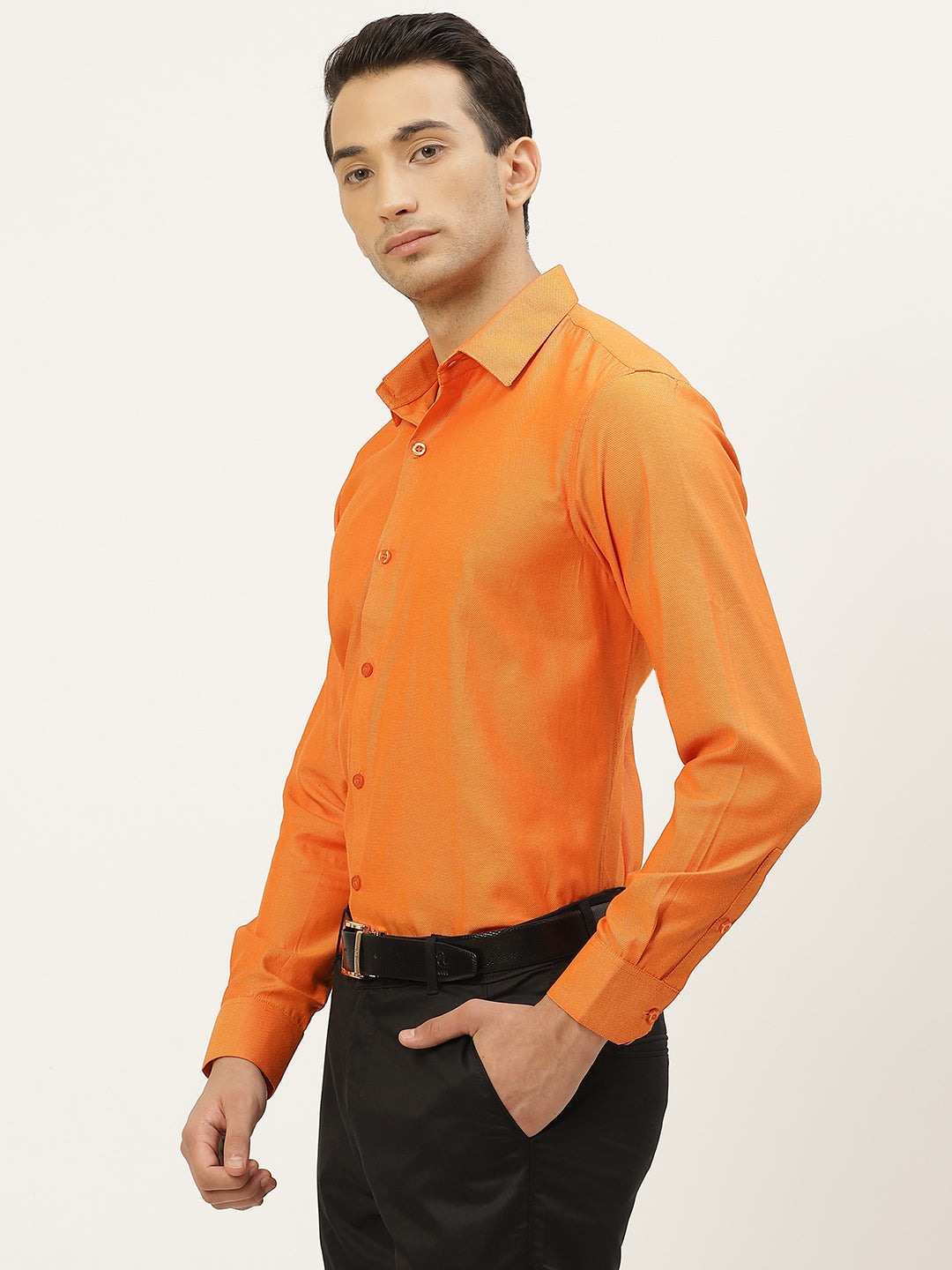 Men's Cotton Orange Self Design Classic Formal Shirt