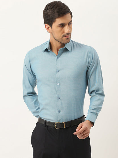 Men's Cotton Teal Blue Self Design Classic Formal Shirt