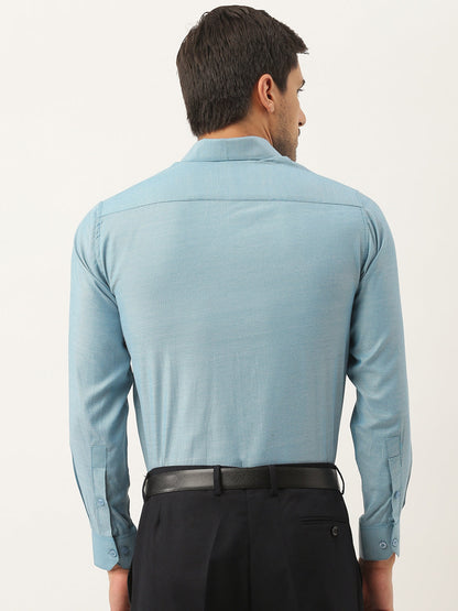 Men's Cotton Teal Blue Self Design Classic Formal Shirt