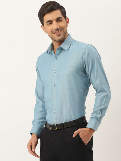 Men's Cotton Teal Blue Self Design Classic Formal Shirt